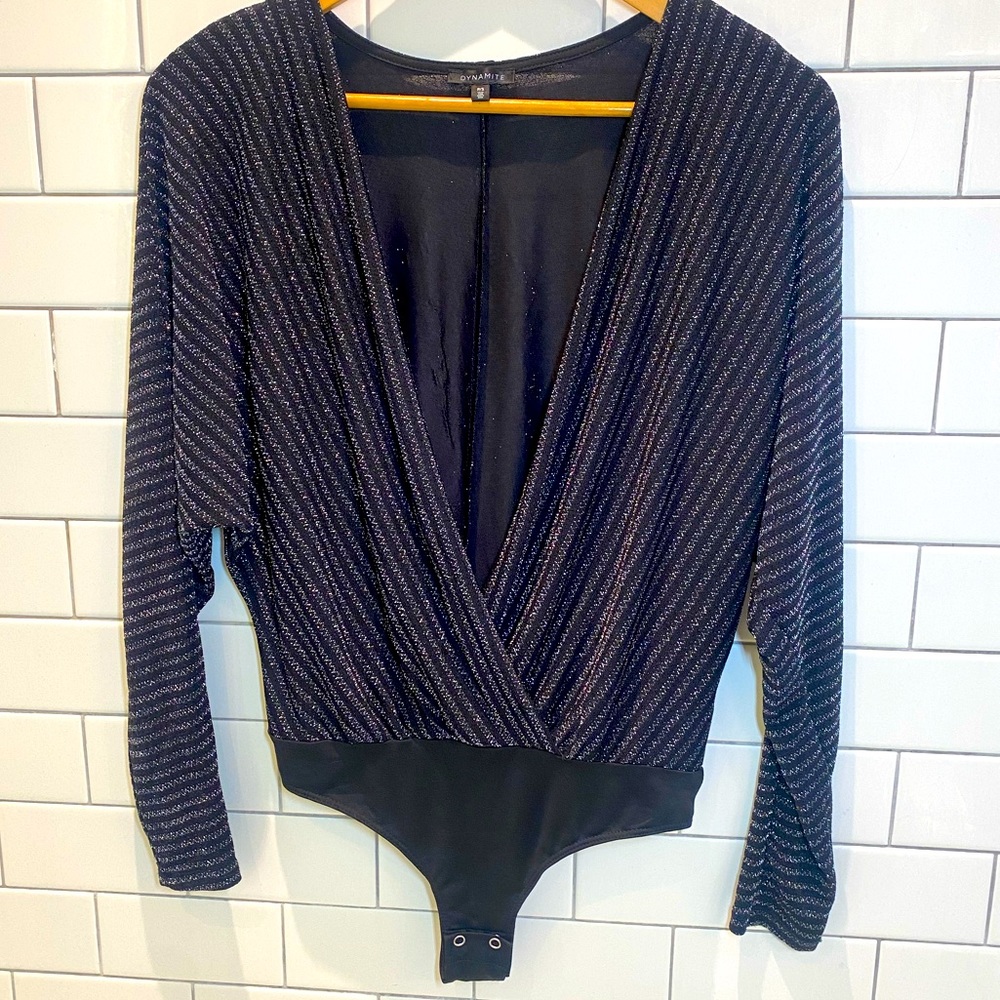 Silver and Black Sexy open front Body Suit Shirt